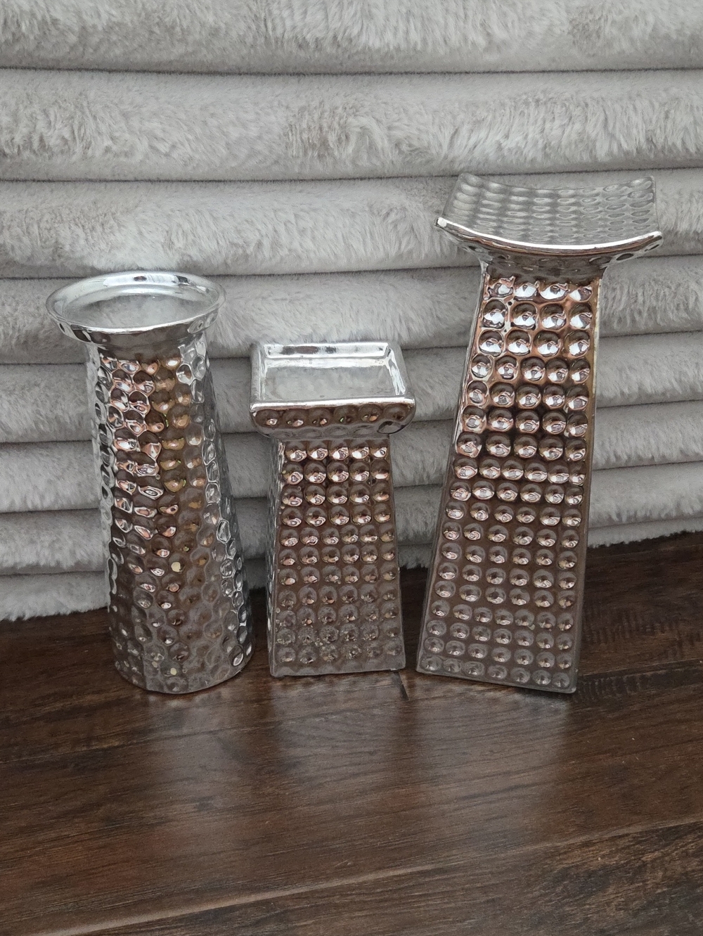 Set of 3 Silver Ceramic Textured Candle Holders
